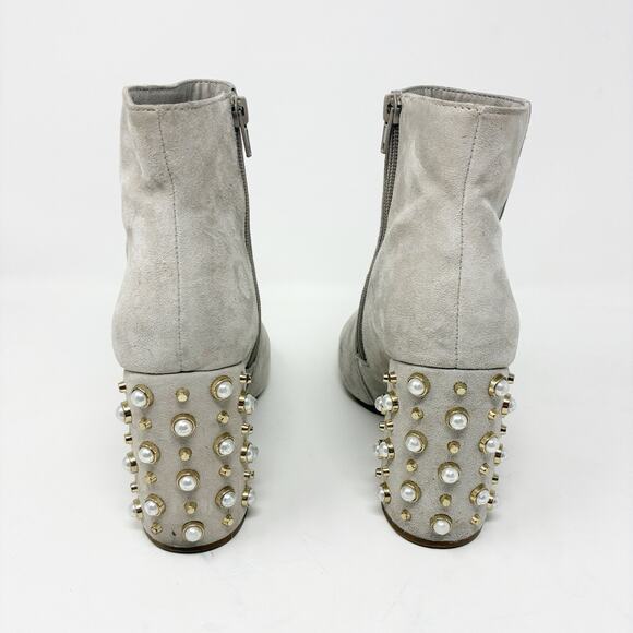 Steve Madden Yvette Gray Taupe Suede Faux Pearl Studded Block Heel Booties 8 - Picture 5 of 9